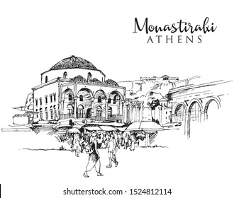 Drawing sketch illustration of Monastiraki Square with Tzistarakis or Cizderiye Mosque and Parthenon on the hilltop, Athens, Greece