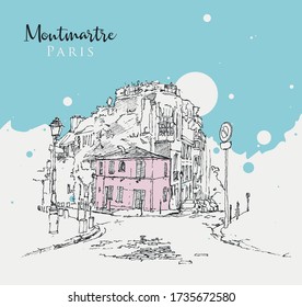 Drawing sketch illustration of Montmartre, the famous district in Paris, France