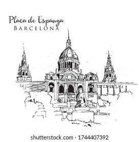Drawing sketch illustration of the National Museum of Art in Placa de Espanya, Barcelona