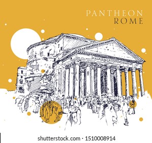 Drawing sketch illustration of the Pantheon building, one of the most important historical landmarks of Rome, the Italian capital.