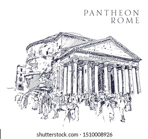 Drawing sketch illustration of the Pantheon building, one of the most important historical landmarks of Rome, the Italian capital.