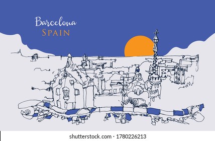 Dibujo de la ilustración de Park Guell en Barcelona, España