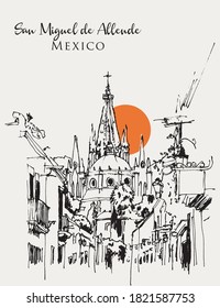 Drawing sketch illustration of Parroquia Archangel Church in Aldama Street, San Miguel de Allende, Mexico