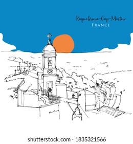 Drawing sketch illustration of Roquebrune Cap Martin, a French town along the Mediterranean Sea