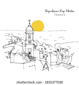 Dibujo ilustrativo de Roquebrune Cap Martin, localidad francesa a lo largo del mar Mediterráneo