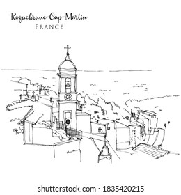 Drawing sketch illustration of Roquebrune Cap Martin, a French town along the Mediterranean Sea