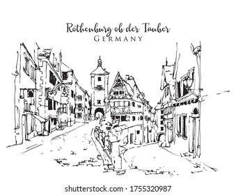 Drawing sketch illustration of Rothenburg Ob der Tauber, Germany