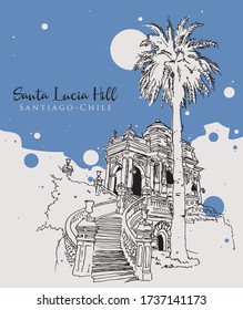 Drawing sketch illustration of Santa Lucia Hill park in Santiago, Chile
