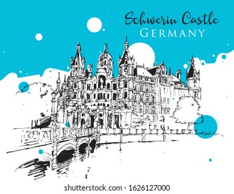 Drawing sketch illustration of Schwerin Castle in the city of Schwerin, the capital of Mecklenburg-Vorpommern state, Germany