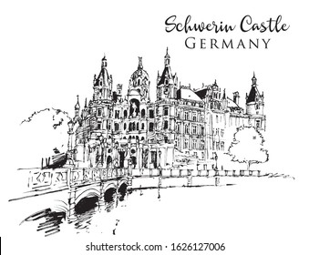 Drawing sketch illustration of Schwerin Castle in the city of Schwerin, the capital of Mecklenburg-Vorpommern state, Germany