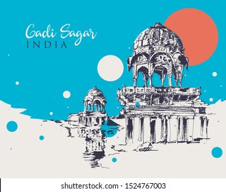 Drawing sketch illustration of the shrines on the Lake Gadi Sagar in India