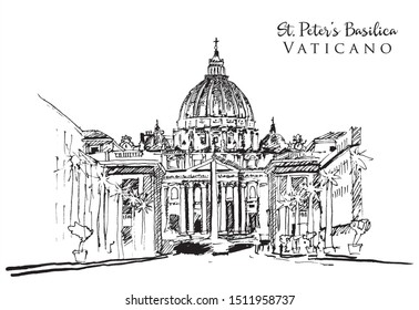 Drawing sketch illustration of St. Peter's Basilica in Vatican City.