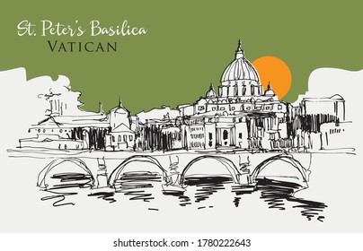 Drawing sketch illustration of St. Peter's Basilica in Vatican City