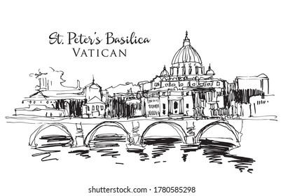 Drawing sketch illustration of St. Peter's Basilica in Vatican City