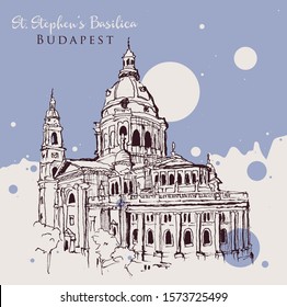 Drawing sketch illustration of St. Stephen's Basilica in Budapest, Hungary