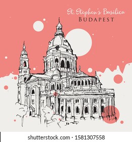 Drawing sketch illustration of St. Stephen's Basilica in Budapest, Hungary