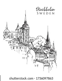 Drawing sketch illustration of Stockholm cityline, the Swedish capital