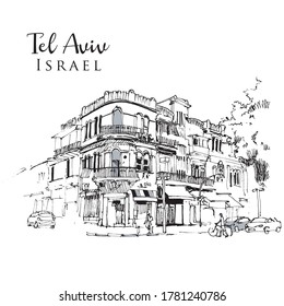 Dibujo de una esquina de una calle en Tel Aviv, Israel