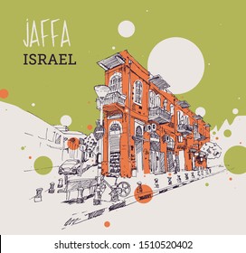 Drawing sketch illustration of a street view in the old city of Jaffa near Tel Aviv, Israel.