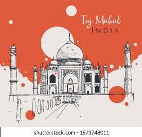 Drawing sketch illustration of Taj Mahal, the famous monument in India