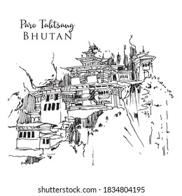 Drawing sketch illustration of  Tiger's Nest Temple in Bhutan