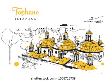 Drawing Sketch Illustration Of Tophane-i Amire, An Old Ottoman Army Building Overlooking The Bosphorus