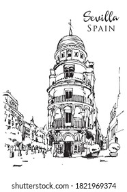 Drawing sketch illustration of Torre Filella or Edificio la Adriatica in Sevilla, Spain