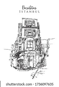 Drawing sketch illustration of a traditional Ottoman style corner building in Besiktas, Istanbul, Turkey
