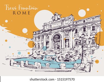 Drawing sketch illustration of the Trevi Fountain or La Fontana Trevi, one of the most iconic landmarks of Rome, Italy.