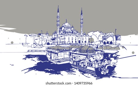 Drawing sketch illustration of Yeni Cami or New Mosque and the traditional gondolas in Eminonu, Istanbul, Turkey