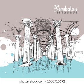 Drawing sketch illustration of Yerebatan Sarnici, The Basilica Cistern, or Cisterna Basilica, the largest of several hundred ancient cisterns that lie beneath the city of Istanbul, Turkey.