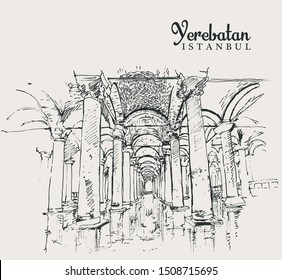 Drawing sketch illustration of Yerebatan Sarnici, The Basilica Cistern, or Cisterna Basilica, the largest of several hundred ancient cisterns that lie beneath the city of Istanbul, Turkey.