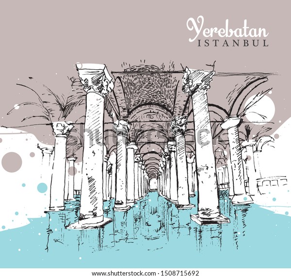 Drawing\
sketch illustration of Yerebatan Sarnici, The Basilica Cistern, or\
Cisterna Basilica, the largest of several hundred ancient cisterns\
that lie beneath the city of Istanbul,\
Turkey.