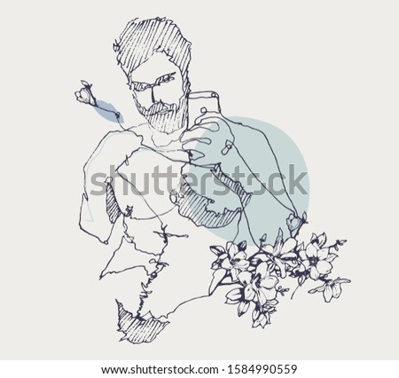 Drawing sketch illustration of a young topless man taking a selfie in the mirror with a smart phone