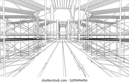 Drawing or sketch of a large shelves. Vector obtained from 3D rendering