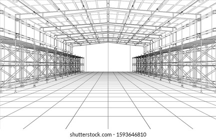 Drawing Or Sketch Of A Large Warehouse With Shelves. Vector Obtained From 3D Rendering