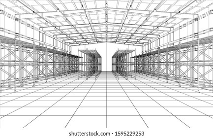 Drawing Or Sketch Of A Large Warehouse With Shelves. Vector Obtained From 3D Rendering