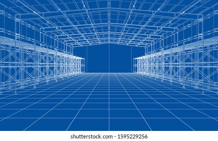 Drawing Or Sketch Of A Large Warehouse With Shelves. Vector Obtained From 3D Rendering