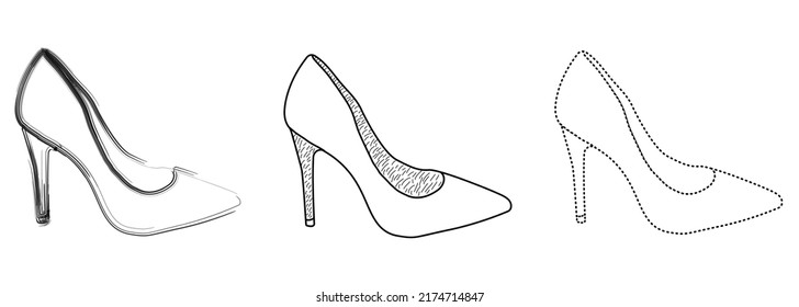 Drawing sketch outline silhouette of fashionable women's shoes. Line style and brush strokes