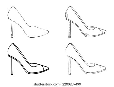 Drawing sketch outline silhouette of fashionable women's shoes. Line style and brush strokes