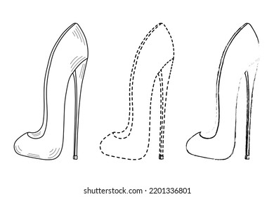 Drawing sketch outline silhouette of fashionable women's shoes. Line style and brush strokes