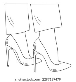 Drawing sketch outline silhouette of female legs in a pose. Shoes stilettos, high heels