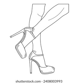 Drawing sketch outline silhouette of female legs in a pose. Shoes stilettos, high heels