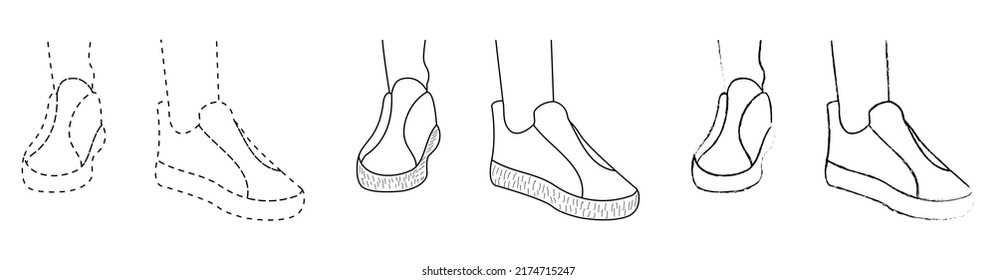 Drawing sketch outline of the silhouette of sports sneakers, trainers, gumshoes. Line style and brush strokes
