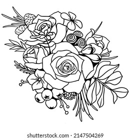 Drawing and sketch of rose flowers and wildflowers in a line drawing on a white background. A bunch of flowers wreath svg