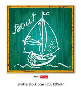 Drawing sketch of sailboat on Green wooden school board  texture chalkboard  insulated , isolated on white  background 