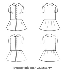 Drawing, sketch, silhouette outline, baby dresses. Children's clothing model. Front and side view