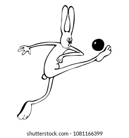 A drawing, a sketch in the style of a cartoon. Rabbit football player hits the ball. Humorous illustration. Isolated Vector Illustration. Transparent background. A sweet animal.