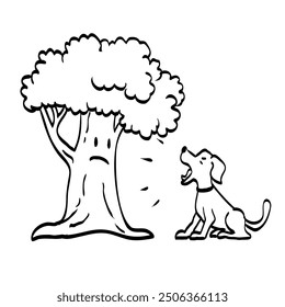 Drawing sketch style illustration of adog, mutt, puppy or canine sitting and barking at tree on isolated background done in black and white ilne art.