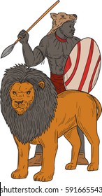 Drawing sketch style illustration of an african warrior holding spear and shield looking to the side hunting with lion facing front set on isolated white background. 